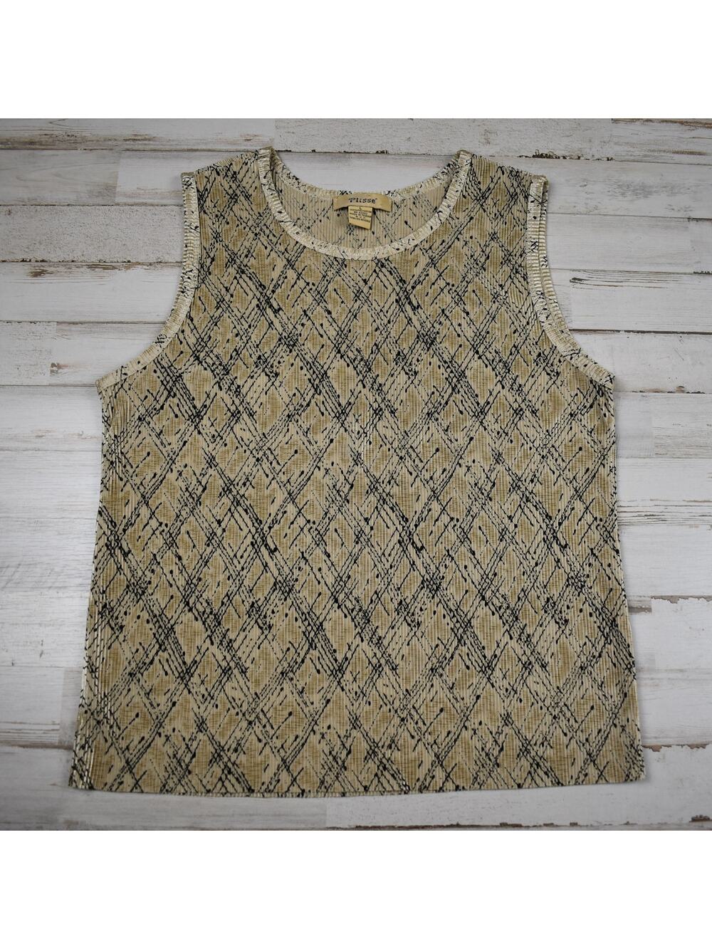 Vintage Plisse Pleated Tank Top Women's Large Abstract Beige Sleeveless Shirt L